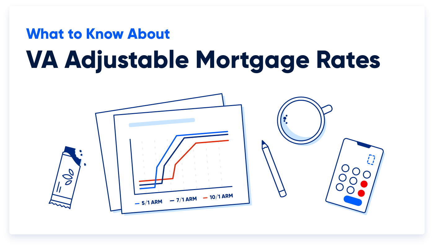 Illustration of adjustable-rate mortgage charts surrounded by various desk items.